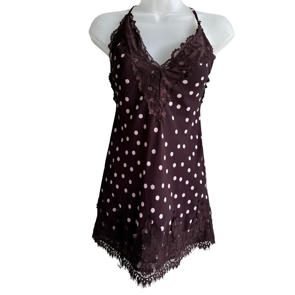 Princess Polly Y2K Brown Polka Dot Lace Trim Halter Mini Dress Open Back US 0